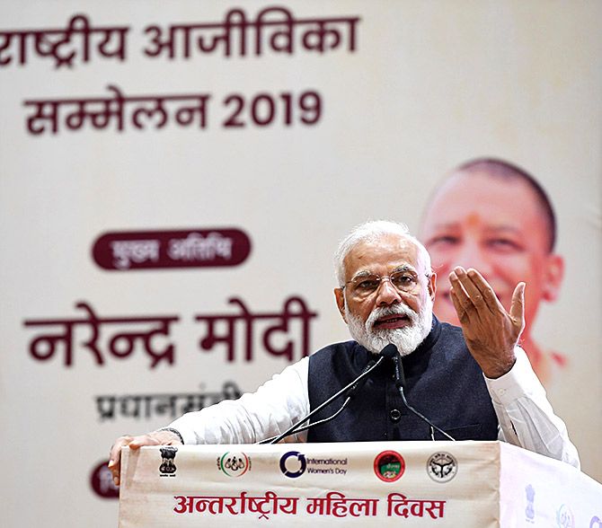  Prime Minister Narendra Damodardas Modi addresses the National Women Livelihood Meet 2019 in Varanasi, March 8, 2019, two days before the dates for the Lok Sabha election was called. Photograph: Press Information Bureau