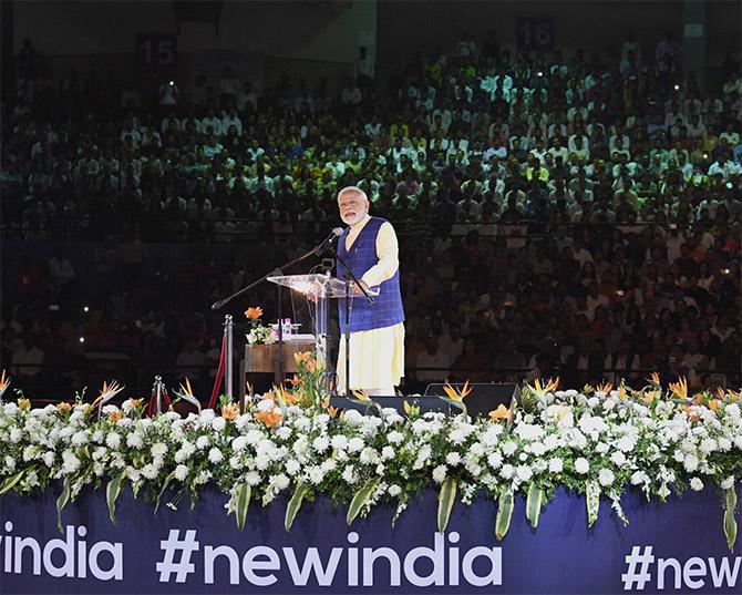 Prime Minister Narendra Damodardas Modi addresses the New India Youth conclave in Surat, January 30, 2019. Photograph: Press Information Bureau