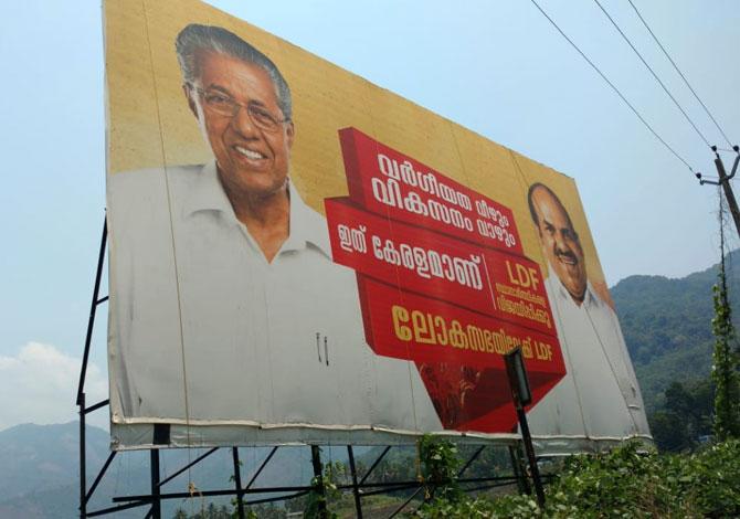 Huge billboards of Marxist leaders Pinarayi Vijayan, Kerala's chief minister, and Kodiyeri Balakrishnan, secretary, Communist Party of India-Marxist's Kerala unit, greet visitors to Wayanad. Photograph: Nikhil Lakshman/Rediff.com