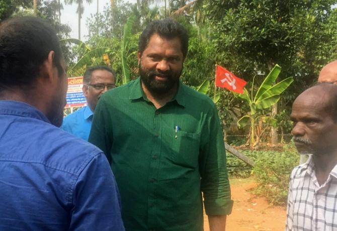 P P Suneer, Rahul Gandhi's Communist opponent, campaigns in Payeri, Wayanad. Photograph: Seema Pant for Rediff.com