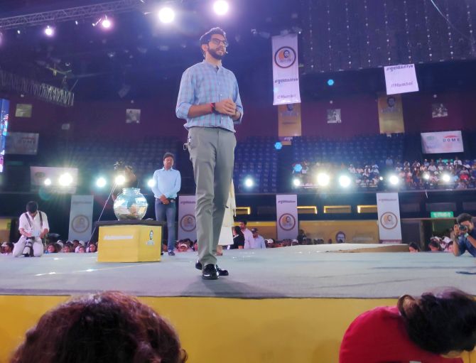 Yuva Sena chief Aaditya Thackeray interacts with the youth in Mumbai, April 22, 2019. Photograph: Hemant Waje/Rediff.com