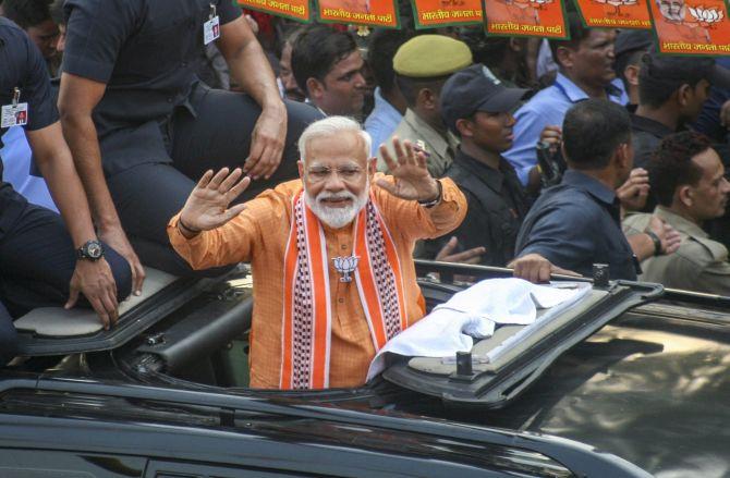 Narendra Damodardas Modi during his road show in Varanasi, April 25, 2019.