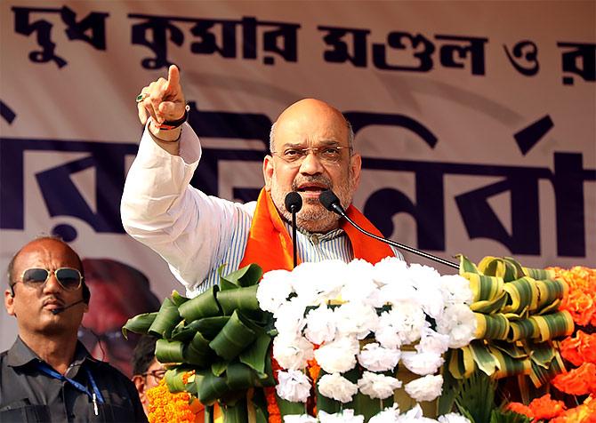 Bharatiya Janata Party national President Amit Anilchandra Shah addresses a meeting in Rampurhat, Birbhum, West Bengal, April 22, 2019. Photograph: Kind courtesy bjp.org