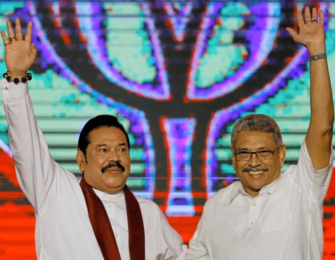 Gotabaya Rajapaksa, Sri Lanka's new president, right, with his brother, former president Mahinda Rajapaksa, who is expected to be named prime minister if their Sri Lanka People's Front Party wins the coming parliamentary election on the island. Photograph: Dinuka Liyanawatte/Reuters