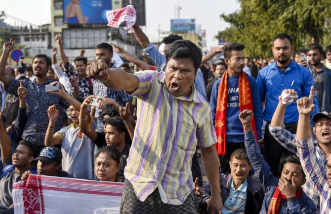 Protestors raise slogans against the Citizenship Amendment Act. Photograph: PTI Photo