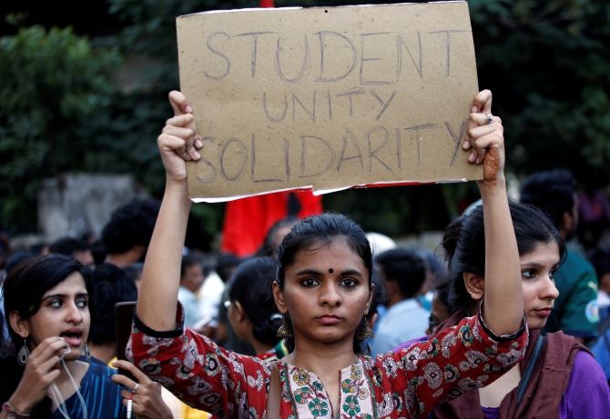 A protest in Chennai to show solidarity with students of New Delhi's Jamia Millia Islamia university after police entered the university campus following a protest against the new citizenship law. Photograph: P Ravikumar/Reuters