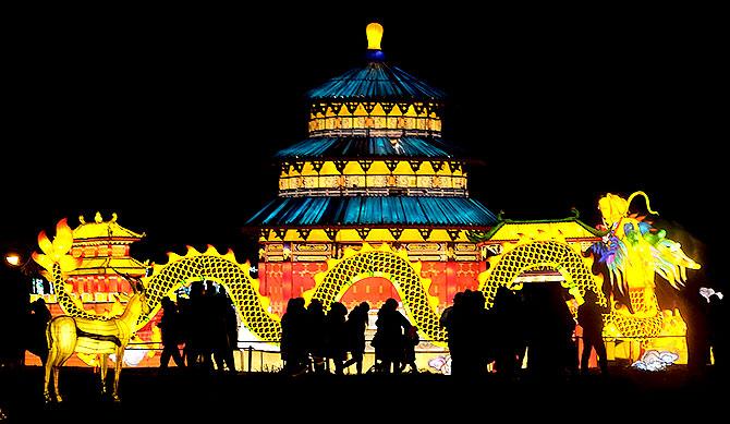 Giant lanterns illuminate the night sky at the Great Lanterns of China light festival at the Pakruojis Manor. Photograph: Ints Kalnins/Reuters