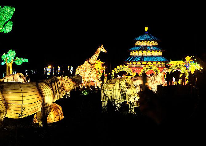 Giant lanterns illuminate the night sky at the Great Lanterns of China light festival at the Pakruojis Manor. Photograph: Ints Kalnins/Reuters