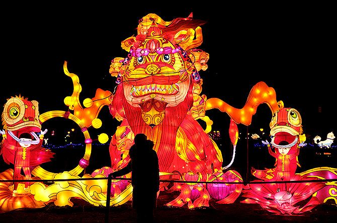 Giant lanterns illuminate the night sky at the Great Lanterns of China light festival at the Pakruojis Manor. Photograph: Ints Kalnins/Reuters