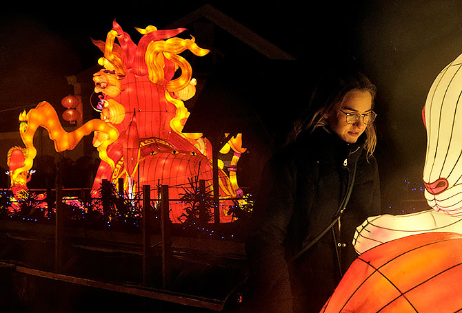 Giant lanterns illuminate the night sky at the Great Lanterns of China light festival at the Pakruojis Manor. Photograph: Ints Kalnins/Reuters