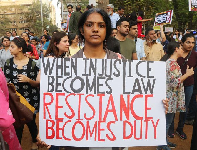 A protestor at the anti-Citizenship Amendment Act protest at Mumbai's August Kranti Maidan, December 19, 2019. Photograph: Hitesh Harisinghani/Rediff.com