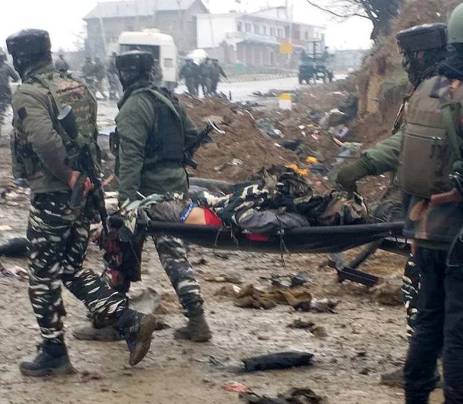 The scene of the blast which killed 40 CRPF troopers, February 14, 2019. Photograph: Umar Ganie/Rediff.com