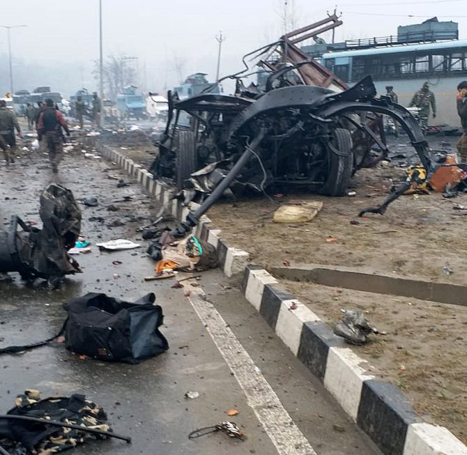 The scene of the terror attack on a CRPF convoy in Pulwama, Kashmir. Photograph: Umar Ganie