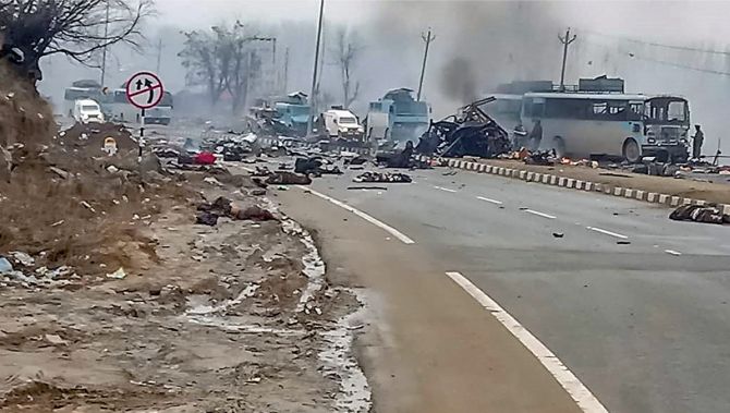 The scene of the blast which killed 44 CRPF troopers. Photograph: PTI