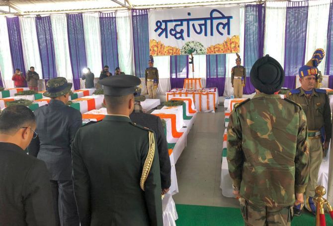 Home Minister Rajnath Singh and security officials pay homage in Srinagar, February 15, 2019, to the CRPF soldiers who were murdered in a suicide bomb attack on February 14, 2019. Photograph: Umar Ganie for Rediff.com
