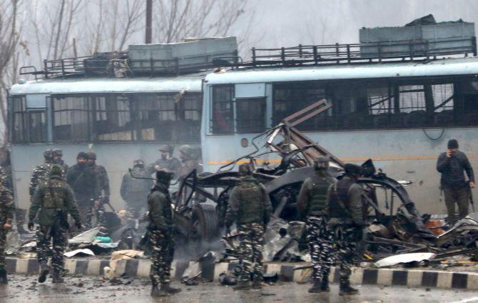 The scene of the blast which killed 40 CRPF troopers, February 14, 2019. Photograph: Umar Ganie/Rediff.com