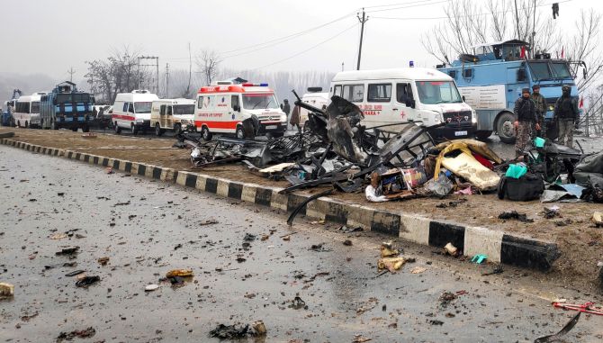 A suicide bomber owing allegiance to the Jaish-e-Mohammad rammed an explosive-laden SUV into the bus carrying CRPF personnel, February 14, 2019. Photograph: Younis Khaliq/Reuters