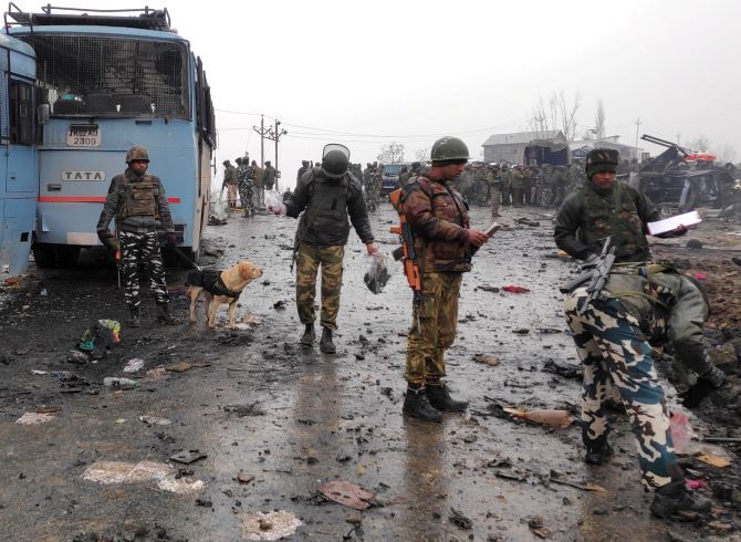 The scene of the suicide bombing in Pulwama, February 14, 2019, where 44 Central Reserve Police Force troopers were killed.