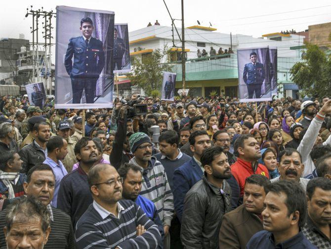 Dehra Dun residents gathered for Major Chitresh Singh Bisht's final journey, February 18, 2019. Photograph: PTI Photo