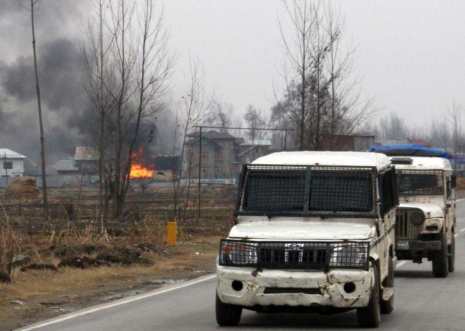 The scene of Monday's encounter in which three Jaish e Mohammed terrorists and six Indian defence personnel were killed