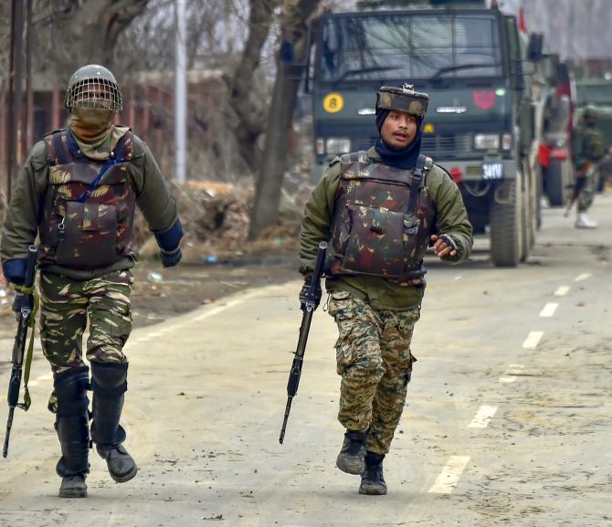 Indian Army soldiers at an encounter in which six soldiers were killed in Pulwama, south Kashmir, February 18, 2019.