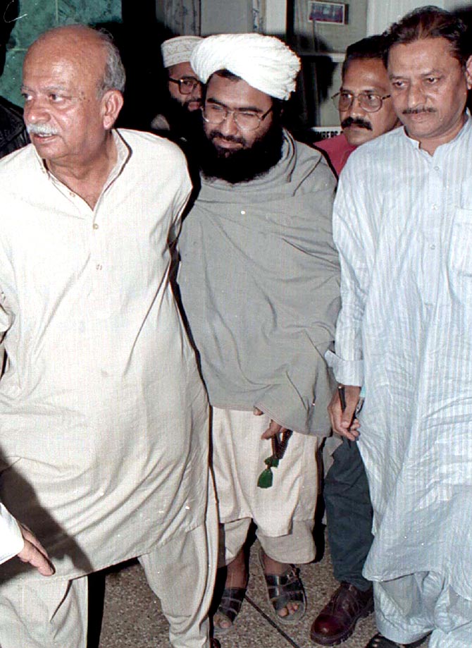 February 4, 2000: Masood Azhar leaves the Karachi press club after a news conference where he announced the founding of the Jaish e Mohammad. He had been freed from an Indian prison along with two other terrorists in exchange for the passengers and crew of the hijacked Indian Airlines flight IC-814 on December 31, 1999. Photograph: Reuters