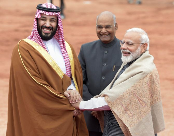 President Ram Nath Kovind, Prime Minister Narendra Damodardas Modi and Saudi Arabia's Crown Prince Mohammed bin Salman at Rashtrapati Bhavan, February 20, 2019. Photograph: Vijay Verma/PTI Photo