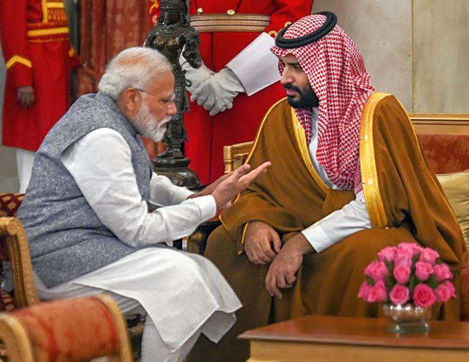 Prime Minister Narendra Modi with Saudi Arabia's Crown Prince Mohammed bin Salman at Rashtrapati Bhavan, February, 20, 2019. Photograph: Shahbaz Khan/PTI Photo