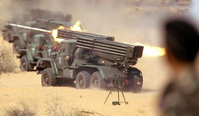 A rocket fired from a multi-barrel rocket launcher during a military exercise at the Mahajan field firing ranges in Rajasthan