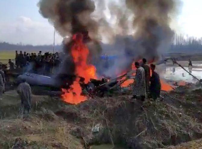 The burning wreckage of the IAF helicopter, February 27, 2019