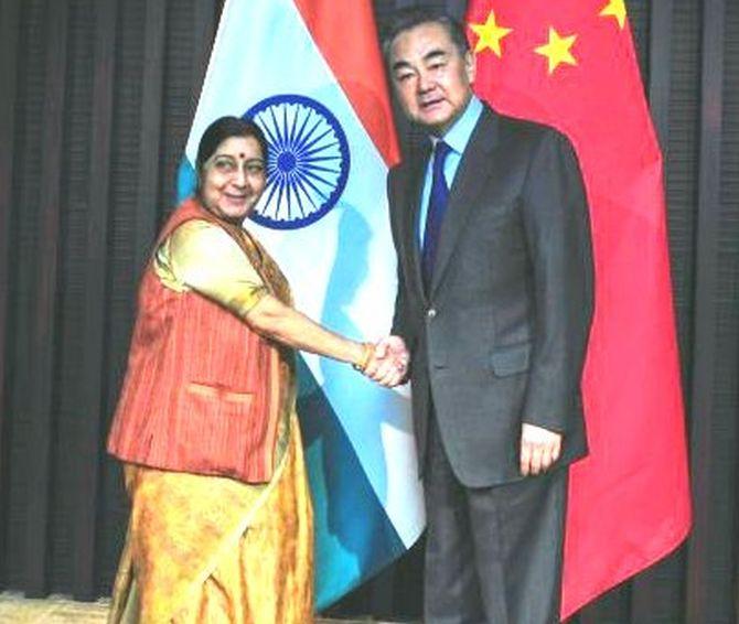 External Affairs Minister Sushma Swaraj with Chinese Foreign Minister Wang Yi in Wuzhen, February 27, 2019. Photograph: @MEAIndia/Twitter