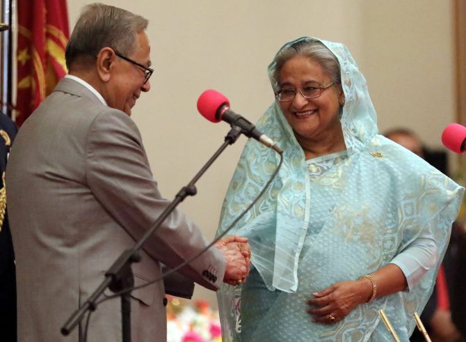 Sheikh Hasina with President Abdul Hamid after she took the oath as Bangladesh's prime minister in Dhaka, January 7, 2019. Photograph: Mohammad Ponir Hossain/Reuters