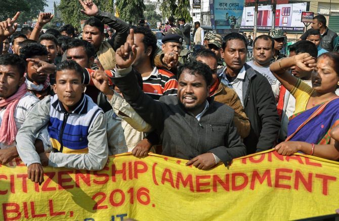 Members of various indigenous organisations stage a protest outside the Assam government secretariat in Guwahati, January 9, 2019, against the Citizenship (Amendment) Bill, 2016. Photograph: PTI Photo
