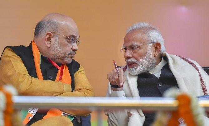 Prime Minister Narendra Damodardas Modi and Bharatiya Janata Party National President Amit Anilchandra Shah at the BJP national convention at the Ramlila Maidan in New Delhi, January 12, 2019. Photograph: Kamal Kishore/PTI Photo