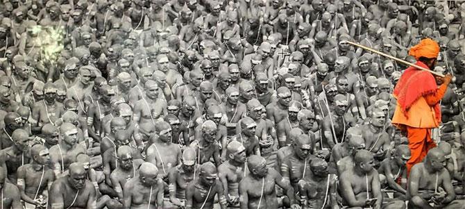 Naga sadhus being initiated into the sect