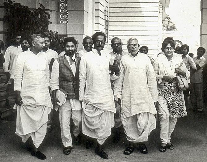 Karpoori Thakur, then the Leader of the Opposition in the Bihar assembly, leads a procesion of opposition MLAs to Raj Bhavan to protest against the abrupt adjournment of the Budget session of the assembly. 