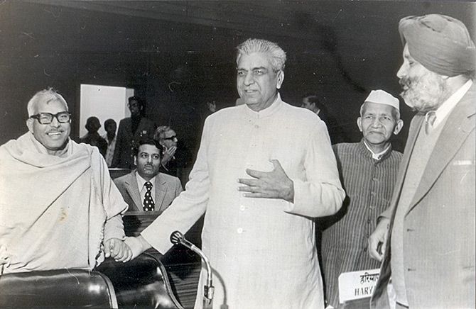Then Bihar chief minister Karpoori Thakur, left, with then Haryana chief minister Chaudhary Devi Lal, centre, and then Punjab chief minister Parkash Singh Badal at a National Development Council meeting, January 19, 1979