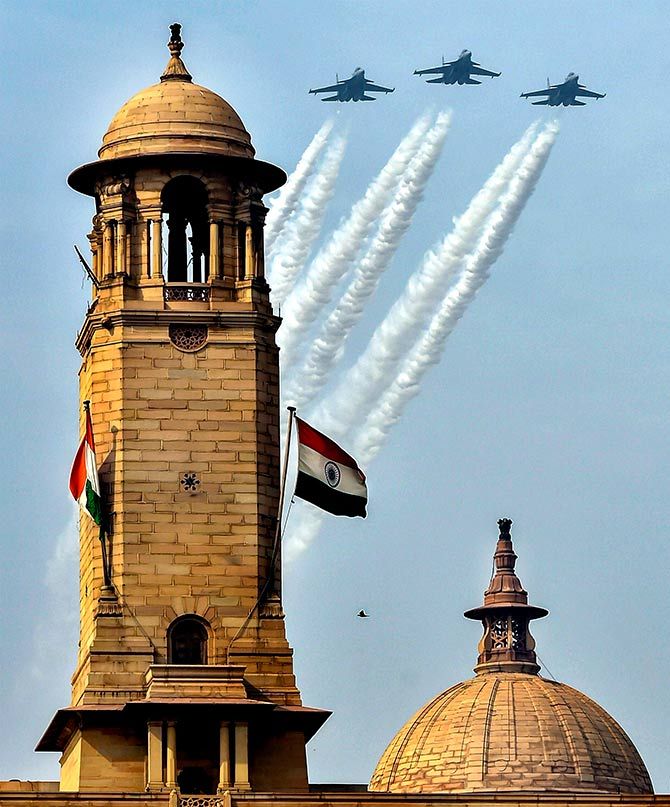 Indian Air Force fighters rehearse for the Republic Day 2019 parade. Photograph: Kamal Kishore/PTI Photo