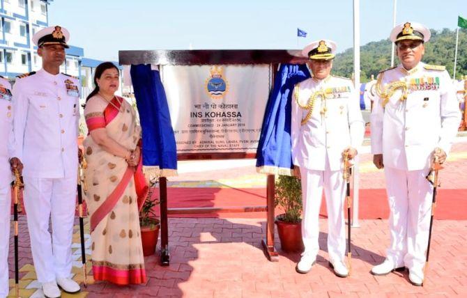 Chief of Naval Staff Admiral Sunil Lanba and his wife Reena Lanba, president, Naval Wives Welfare Association, and other officers unveil the INS Kohassa in Port Blair, January 24, 2019. Photograph: @indiannavy/Twitter