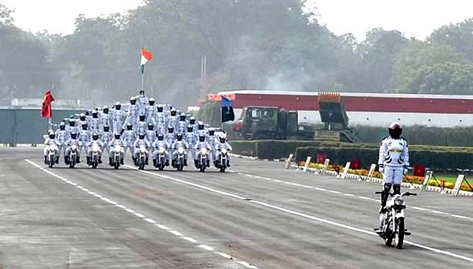 Captain Shikha Surabhi leading her formation during rehearsals for Republic Day