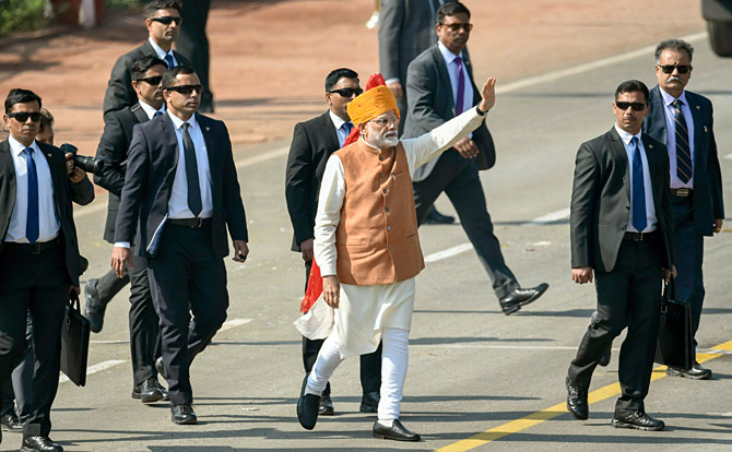 Prime Minister Narendra Damodardas Modi walks down Rajpath during the 70th Republic Day celebrations in New Delhi, January 26, 2019. Photograph: Atul Yadav/PTI Photo