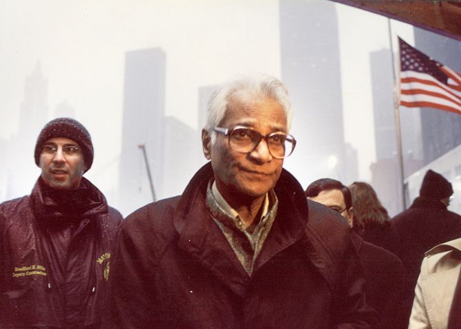 Then defence minister George Fernandes at the World Trade Centre site in New York, March 2002.