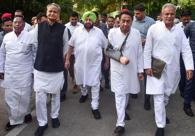 Congress Chief Ministers V Narayanasamy of Puducherry, Ashok Gehlot of Rajasthan, Captain Amarinder Singh of Punjab, Kamal Nath of Madhya Pradesh, Bhupesh Baghel of Chhattisgarh leave after meeting Rahul Gandhi at his Tughlaq Lane home in New Delhi, on Monday, July 1, 2019. Photograph: Manvender Vashist/PTI Photo