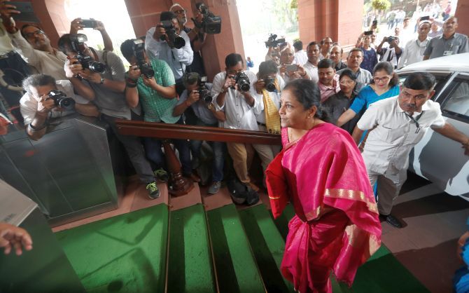 Finance Minister Nirmala Sitharaman arrives at Parliament to present her maiden Budget, July 5, 2019. Photograph: Adnan Abidi/Reuters