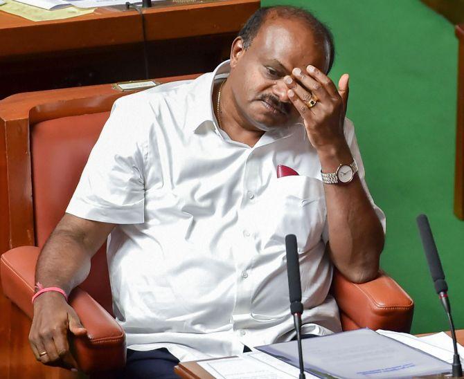 Karnataka Chief Minister H D Kumaraswamy during an assembly session at the Vidhana Soudha in Bengaluru. Photograph: Shailendra Bhojak/PTI Photo