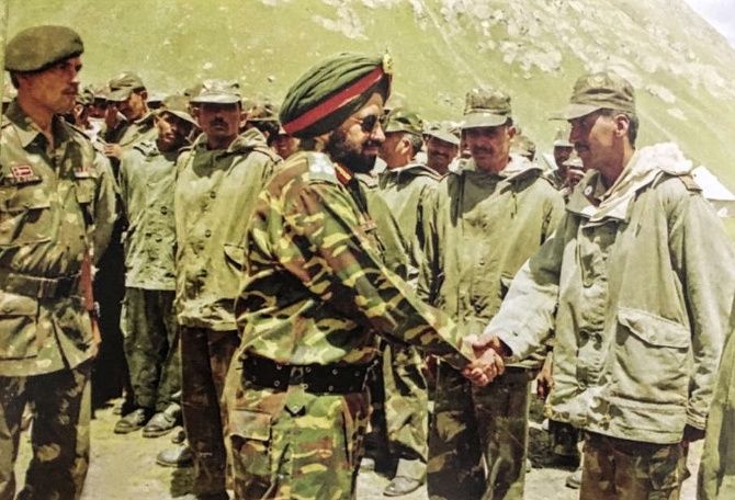 Brigadier Bajwa meets troops of the JAK Rifles during the Kargil War. Captain Vikram Batra and Rifleman Sanjay Kumar from the unit were awarded the Param Vir Chakra for their courage in the war.  Photograph: Kind courtesy Brigadier Bajwa