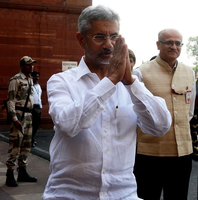 Foreign Minister Dr Subrahmanyam Jaishankar arrives to take charge as Foreign Secretary Vijay Keshav Gokhale looks on at the ministry of external affairs in New Delhi. Photograph: ANI Photo