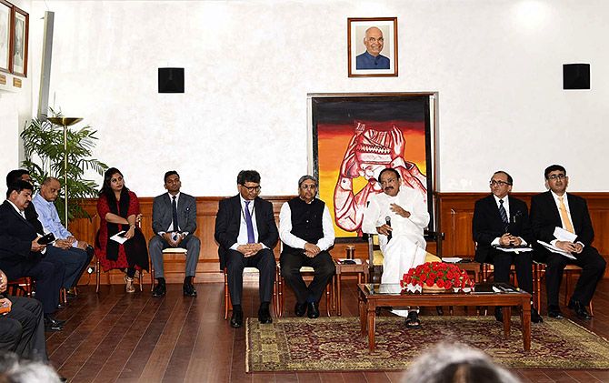 Vice President Muppavarapu Venkaiah Naidu interacts with officer trainees of the 2018 batch of the Indian Foreign Service in New Delhi on May 28, 2019. Photograph: Kind courtesy The Vice President's Office