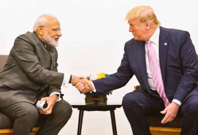 Prime Minister Narendra Damodardas Modi with United States President Donald John Trump meet ahead of the G20 leaders summit in Osaka, Japan, June 28, 2019. Photograph: @MEAIndia/Twitter