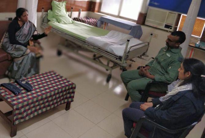 Wing Commander Abhinandan Varthaman with Defence Minister Nirmala Sitaraman  at the Air Force Central Medical Establishment, March 2, 2019.